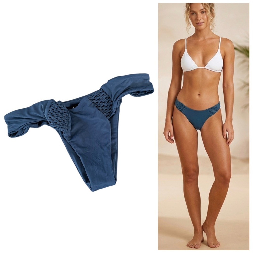 Frankie’s Bikinis Women’s Blue Crochet-Side Bikini Bottom Size Small
